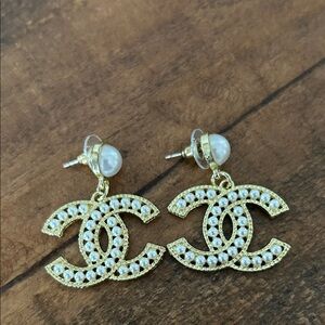 “CHANEL” CC Gold and White Faux Pearl Earrings